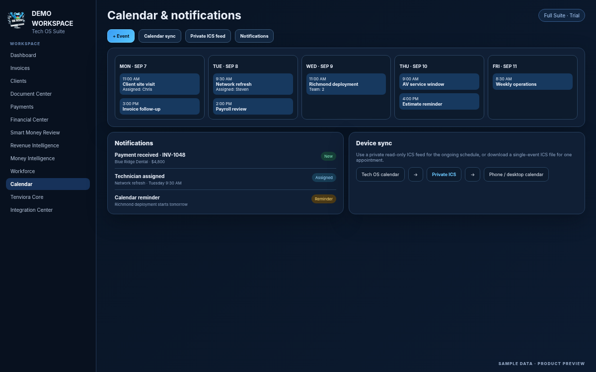Tech OS Suite calendar and notifications preview with synthetic data