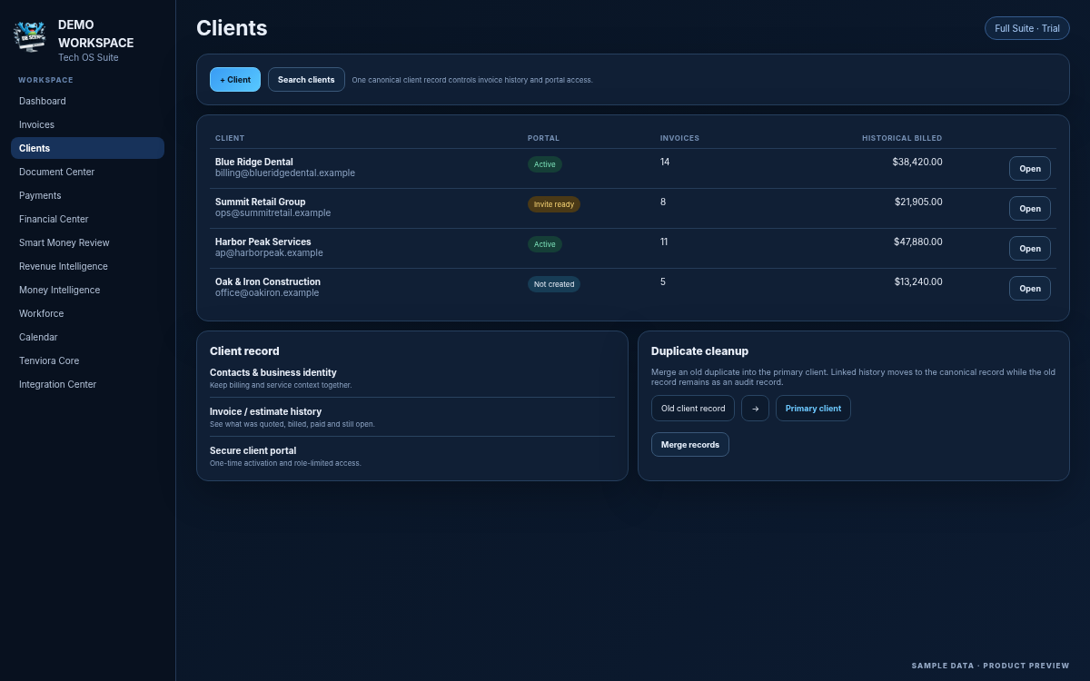 Tech OS Suite client management preview with synthetic data