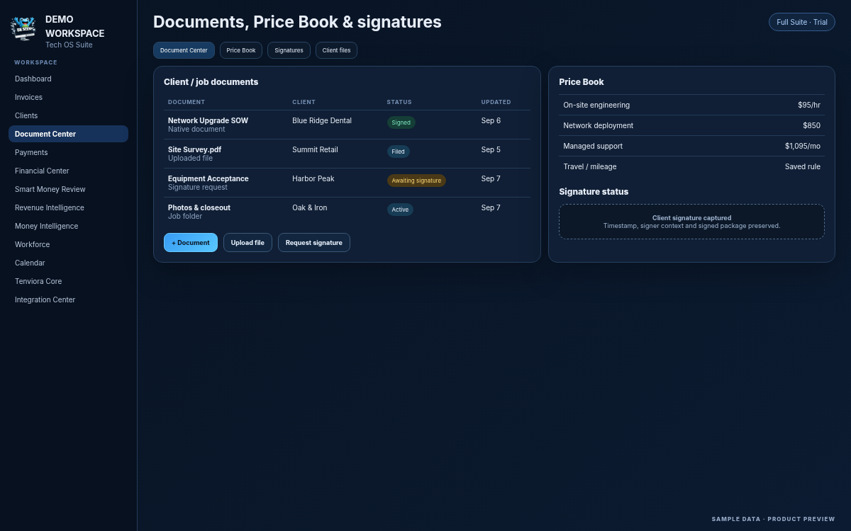 Tech OS Suite document center and signature preview with synthetic data