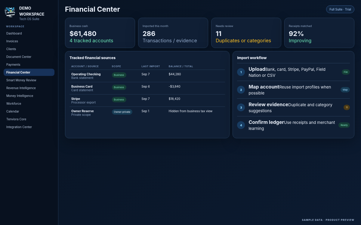 Tech OS Suite Financial Center preview with synthetic data