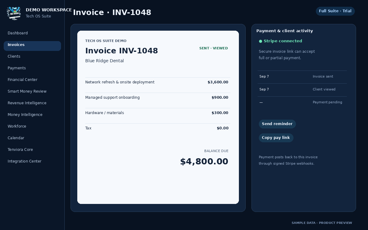 Tech OS Suite invoice and estimate preview with synthetic data