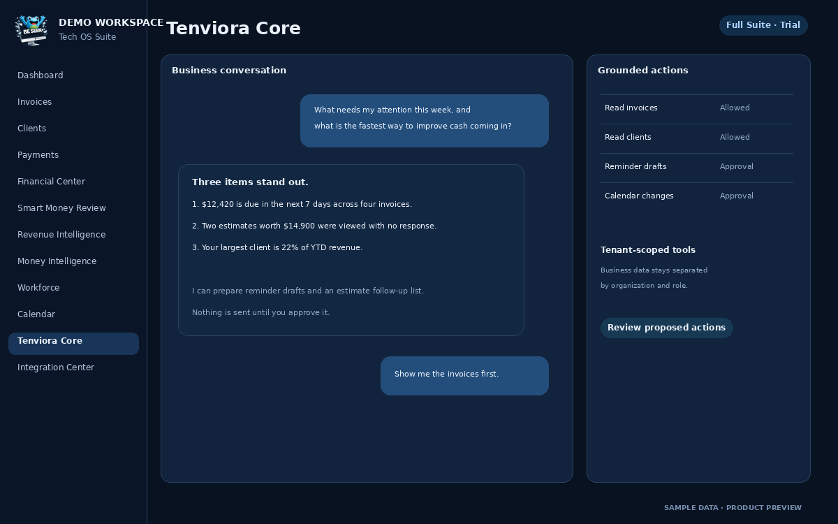 Tenviora Core business assistant preview with synthetic data